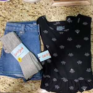 Girls NWT 3 Pc Set Bundle Cat & Jack Cat Print Dress Jean Shorts & Socks 10/12 L